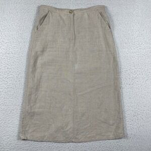 L.L. Bean Skirt Womens 10 Regular Beige Linen Midi Elastic Back Pockets 0 FXD6